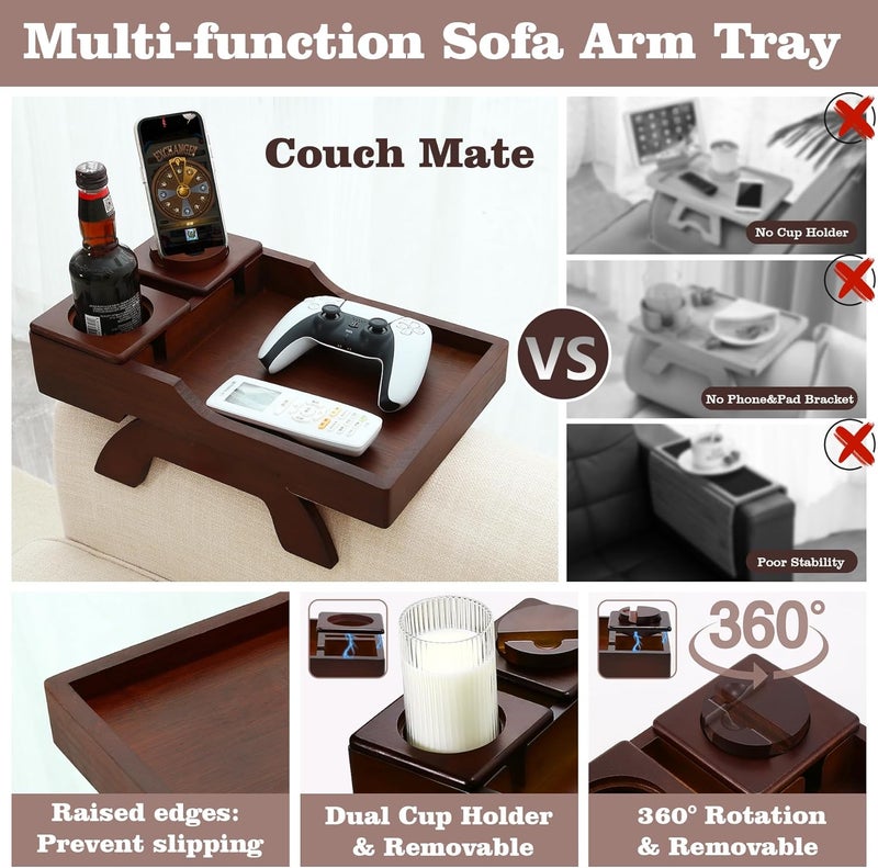 GHKINMAL Couch Cup Holder Tray, 15.4"x9.9" Large 4 in 1 Couch Armrest Table with 360°Rotated Phone Holder, Non-Slip Clip on Side Table for Drinks/Remote/Snacks, Ideal Gift for Husband, Wife, Parents - Image 5